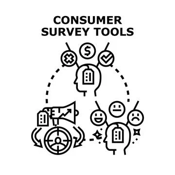 Consumer survey tools collecting feedback and analyzing data Stock Illustration