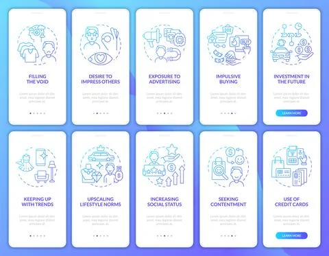 Consumerism gradient blue onboarding mobile app page screen set Stockillustratie