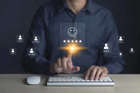 Consumers are evaluating their satisfaction with the service. Consumers write Stock Photos