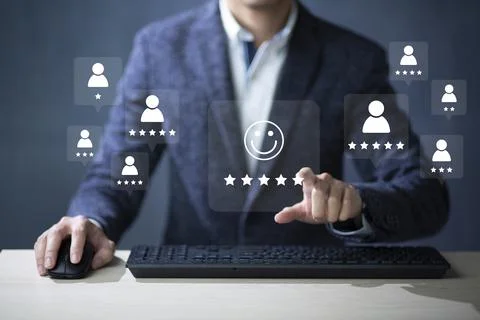 Consumers are evaluating their satisfaction with the service. Consumers write Stock Photos