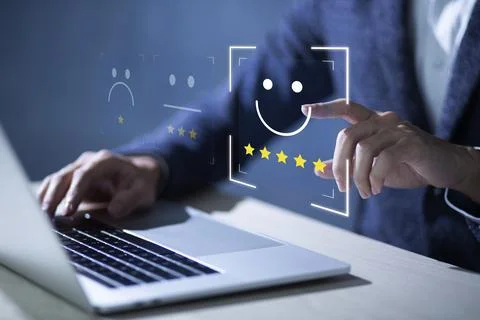 Consumers are evaluating their satisfaction with the service. Consumers wri.. Stock Photos
