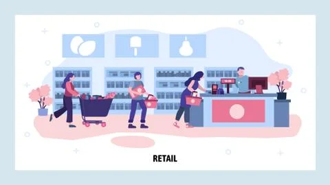 Consumers wait in a line to grocery store cashier. Retail business concept イラスト素材