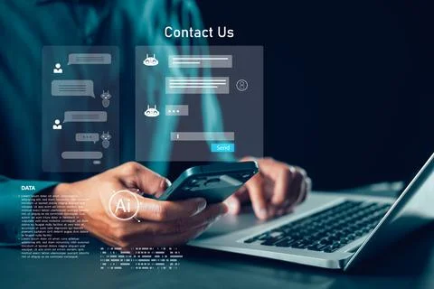 Contact ai chat interface, online business support service phone assistance.. Stock Photos