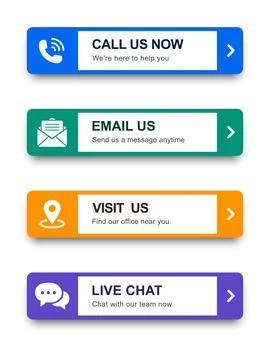 Contact banner set with call, email, location, and live chat options, color.. Stock Illustration