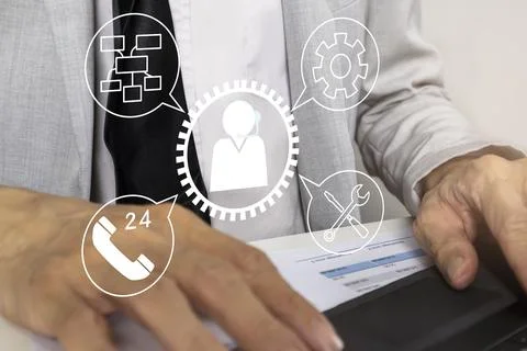 Contact the call center to help solve problems 24 hours a day, give advice .. Stock Photos