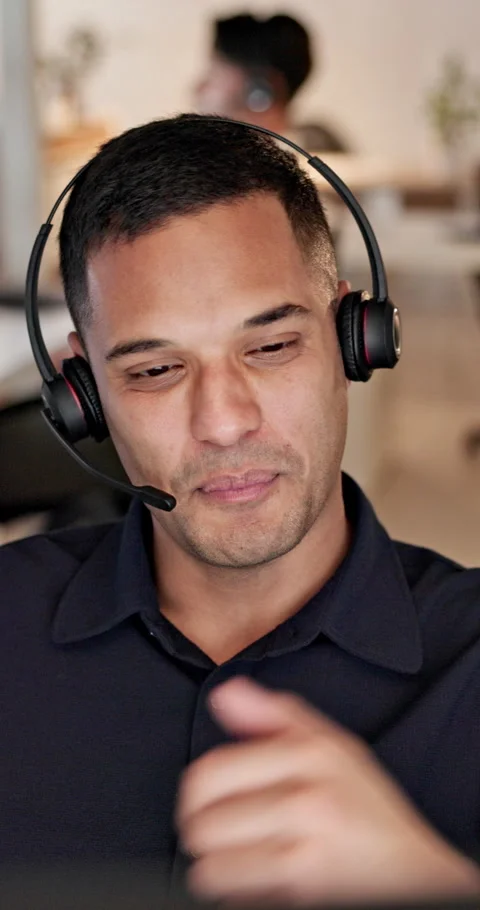 Contact, computer or man with headset in call center, telemarketing or sales Stock Footage 335805300