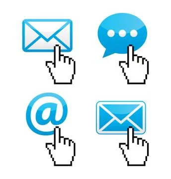 Contact - envelope, email, speech bubble with cursor hand icons Stock Illustration