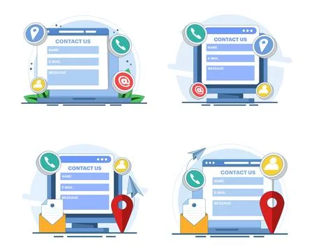 Contact form illustration set featuring laptop screens, customer support. Stock Illustration