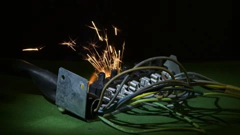The contact group overheats, causing chaotic sparks and partial melting of the j Video stock 323026345