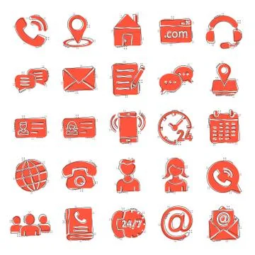 Contact icon set in comic style. Phone communication cartoon vector illustrat Stock-Illustration
