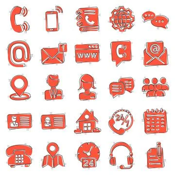 Contact icon set in comic style. Phone communication cartoon vector illustrat Stockillustratie