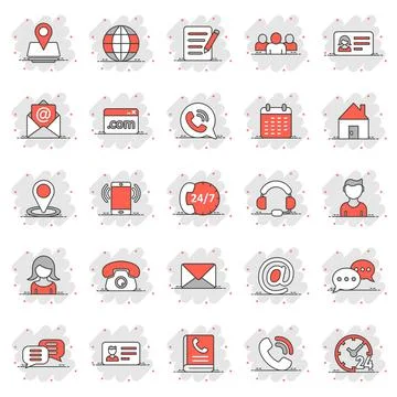Contact icon set in comic style. Phone communication cartoon vector illustrat イラスト素材