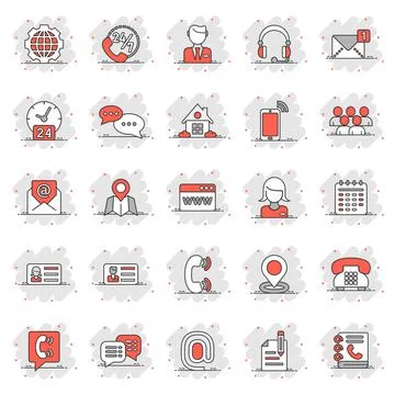 Contact icon set in comic style. Phone communication cartoon vector illustrat Stockillustratie
