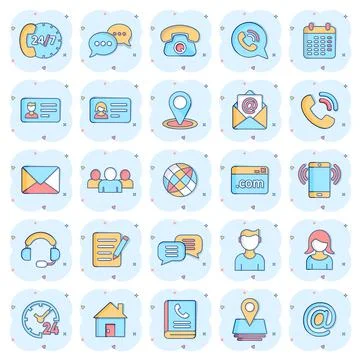 Contact icon set in comic style. Phone communication cartoon vector illustrat Stockillustratie