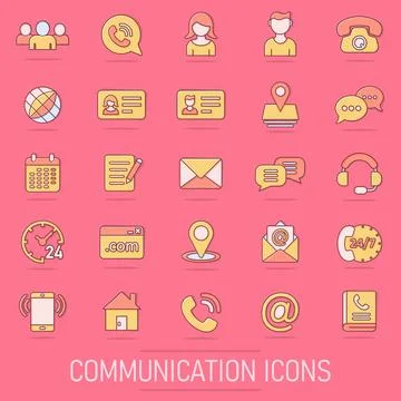 Contact icon set in comic style. Phone communication cartoon vector illustr.. Stock-Illustration