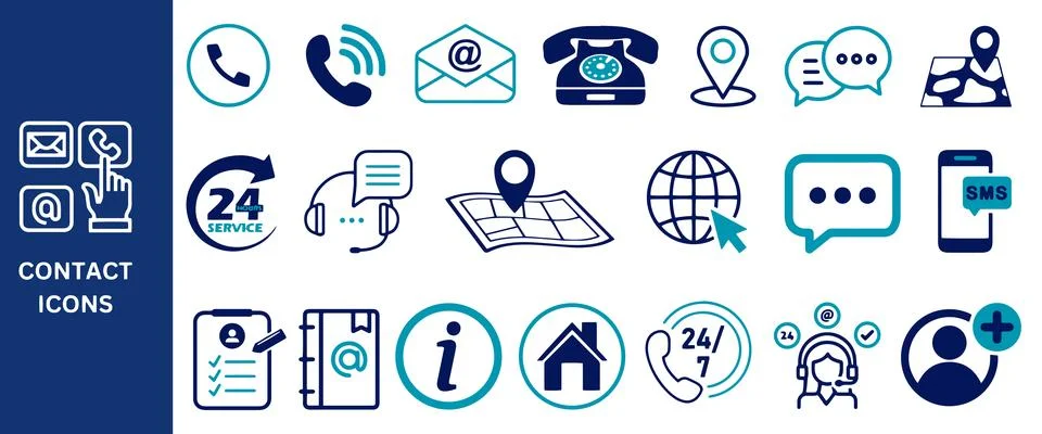 Contact Icon Set. Contact, e-mail, phone, address, service, customer, call. Stock Illustration