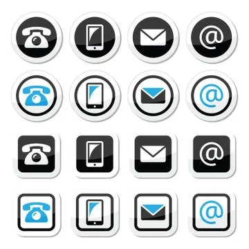 Contact labels in circle and square set - mobile, phone, email, envelope Stock Illustration