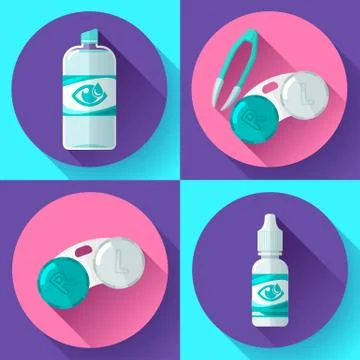 Contact lens Container, daily solution, eye drops and tweezers icons Stock-Illustration