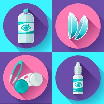Contact lens, Container, daily solution, eye drops and tweezers icons Stock Illustration