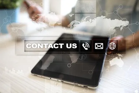 Contact us button and text on virtual screen. Business and technology concept. 스톡 사진