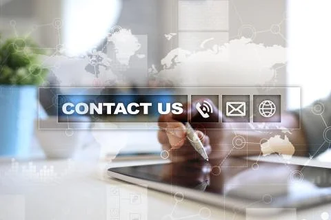Contact us button and text on virtual screen. Business and technology concept. 스톡 사진