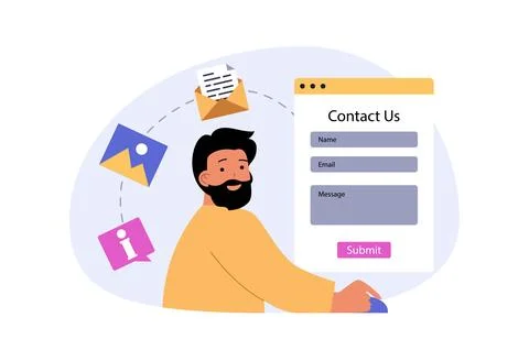 Contact us concept in modern flat design for web. Man has problem and quest.. Stock Illustration