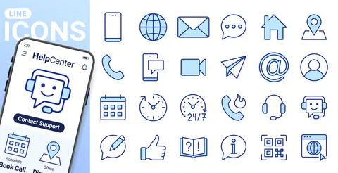 Contact us, customer support line icons set. Telephone, email, chatbot, 24 7 Stock-Illustration