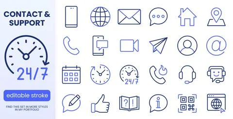 Contact us, customer support line icons set. Telephone, email, chatbot, 24 7 Stock Illustration