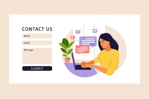 Contact us form template for web. Freelancer girl working at home on laptop.  Stock Illustration