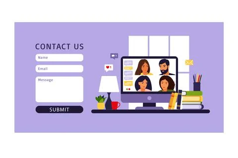Contact us form template for web. People using computer for collective virtua Stock Illustration