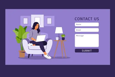 Contact us form template for web and Landing page. Freelancer girl working at Stock Illustration