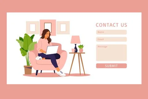 Contact us form template for web and Landing page. Freelancer girl working at Stock Illustration