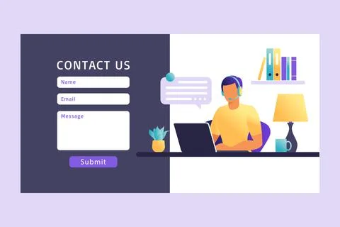 Contact Us Form Template for Web. Male Customer Service Agent with Headset Ta Illustrazione stock