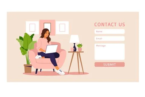 Contact us form template for web and Landing page. Freelancer girl working at Stock Illustration