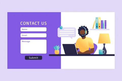 Contact Us Form Template for Web. African man Customer Service Agent with Hea Stock Illustration