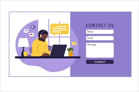 Contact us form template for web. African male customer service agent with he Stock Illustration