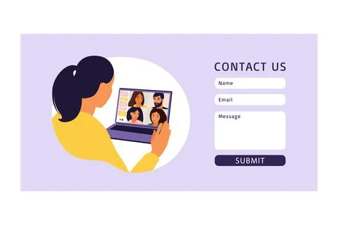 Contact us form template for web. Woman using computer for collective virtual Stock Illustration