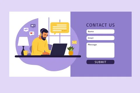 Contact us form template for web. male customer service agent with headset ta Illustrazione stock