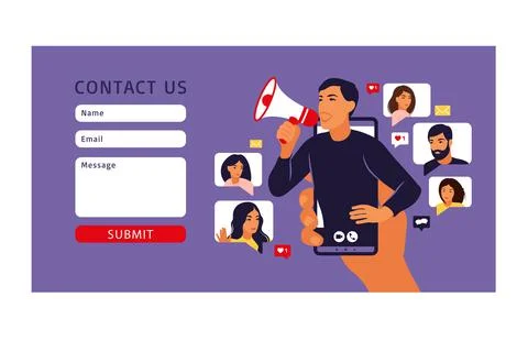 Contact us form template for web. Man in smartphone shouting in loud speaker. Stock Illustration