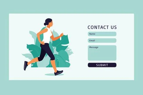 Contact us form template for web and Landing page. Girl running in the park.  Ilustración de archivo