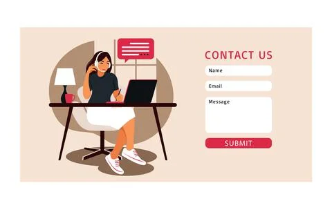 Contact us form template for web. Operator girl with computer, headphones and Illustrazione stock