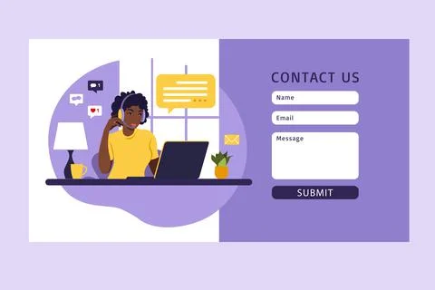 Contact us form template for web. African female customer service agent with  Stock Illustration