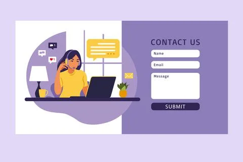 Contact us form template for web. Female customer service agent with headset  Illustrazione stock