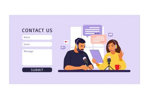 Contact us form template for web. People recording podcast in studio flat vec Stock Illustration