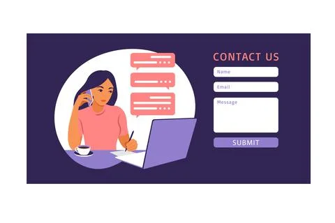 Contact us form template for web and Landing page. Female customer talking wi Stock-Illustration
