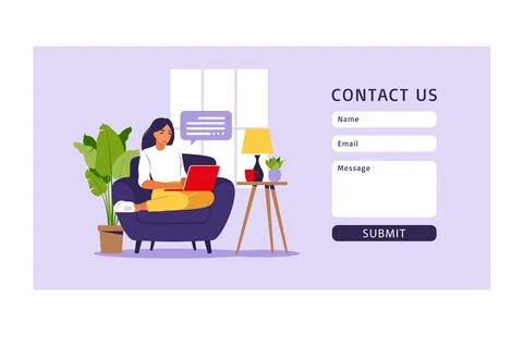 Contact us form template for web and Landing page. Freelancer girl working at Stock Illustration