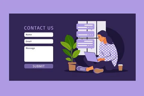 Contact us form template for web and Landing page. Female customer talking wi Stock Illustration