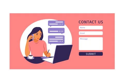 Contact us form template for web and Landing page. Female customer talking wi Stock Illustration