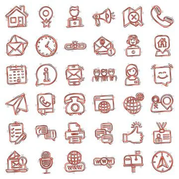 Contact us icon set in comic style. Mobile communication cartoon vector illus Stock Illustration