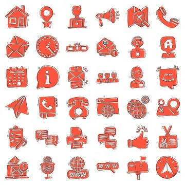 Contact us icon set in comic style. Mobile communication cartoon vector illus Stock Illustration